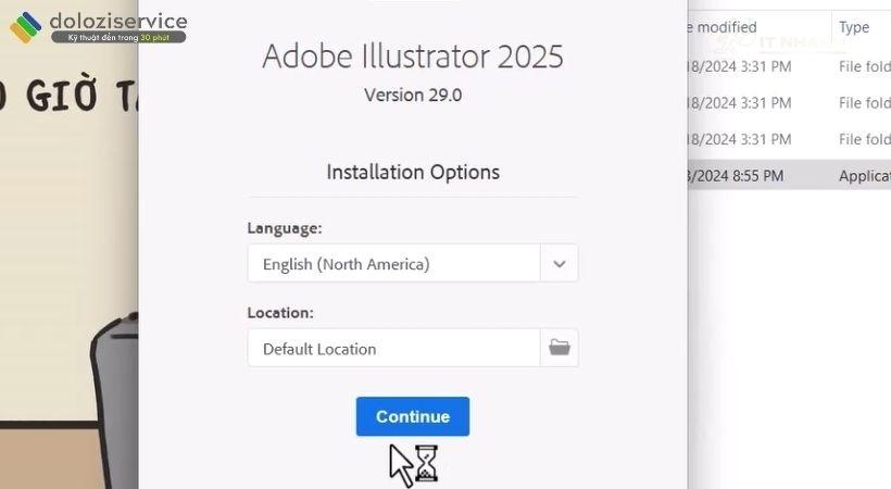 Chọn Continue Chọn Continue - Tiếp tục cài đặt Illustrator 2025