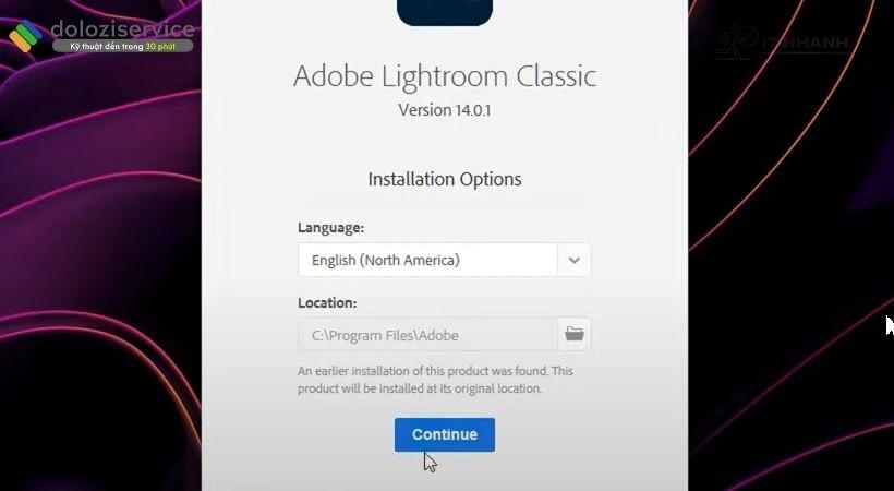 Chọn Continue để tiếp tục cài đặt Lightroom 2025 Chọn Continue để tiếp tục quá trình cài đặt - IT Nhanh