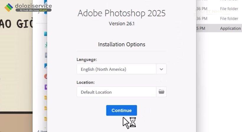 Nhấn Continue để tiếp tục cài đặt Adobe Photoshop 2025 Chọn Continue để tiếp tục quá trình cài đặt