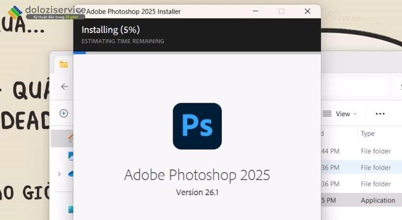 Quá trình cài đặt Adobe Photoshop 2025 đang diễn ra Chờ đợi quá trình cài đặt Adobe Photoshop 2025 hoàn tất