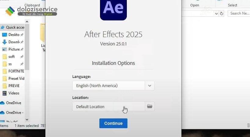 Nhấn Continue để tiếp tục cài After Effects 2025 Nhấn Continue để tiếp tục cài After Effects 2025