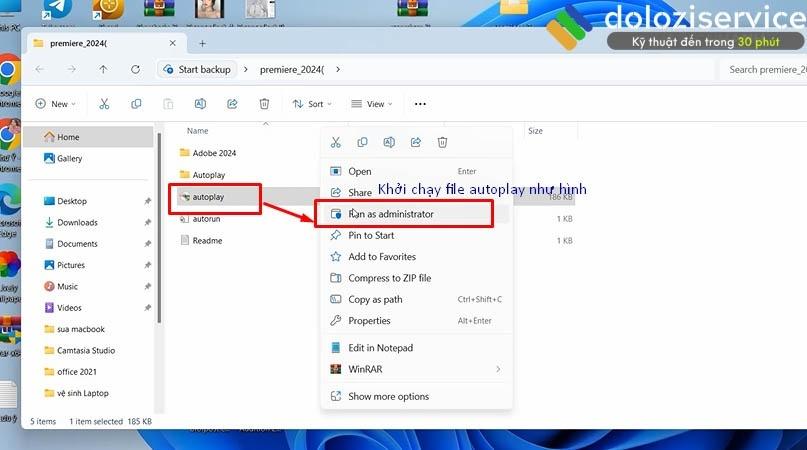 Khởi chạy file cài đặt Premiere 2024 Chạy file cài đặt Premiere 2024 với quyền admin