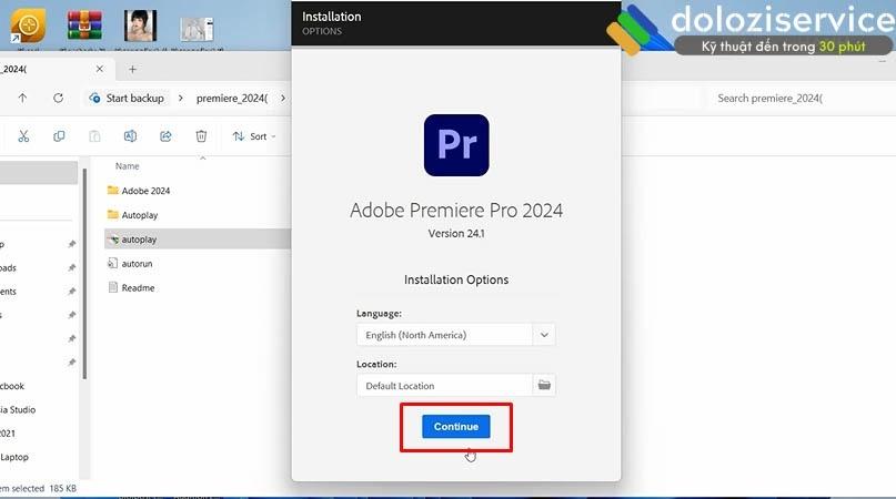 Tiếp tục cài đặt Adobe Premiere 2024 Nhấn Continue để tiếp tục quá trình cài đặt