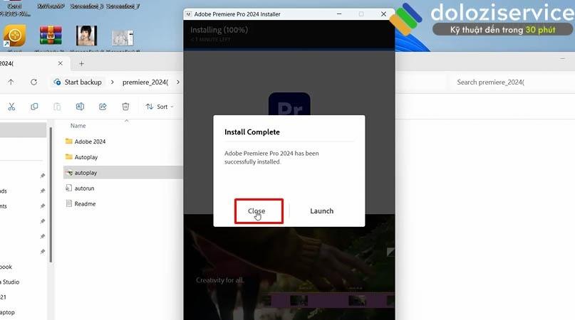 Hoàn thành cài đặt Adobe Premiere 2024 Hoàn tất cài đặt Adobe Premiere 2024 bằng cách nhấn Close