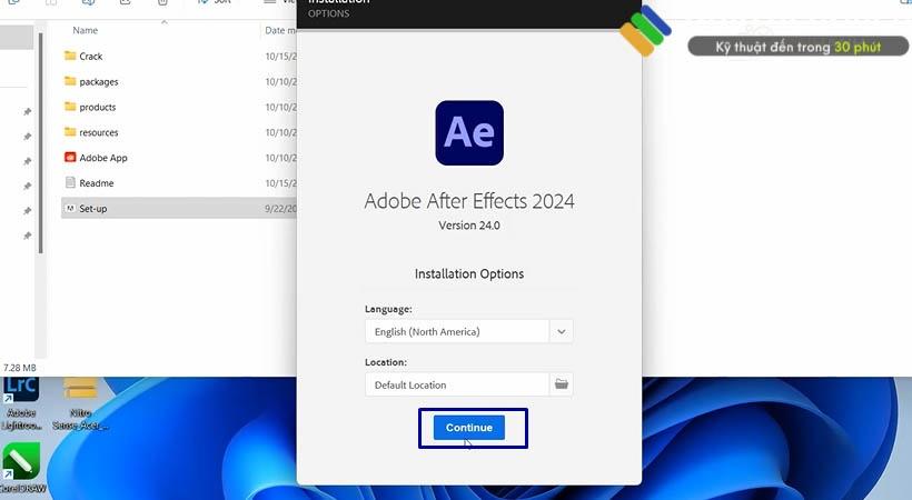 Chọn Continue để cài After Effects 2024 Chọn Continue để cài After Effects 2024