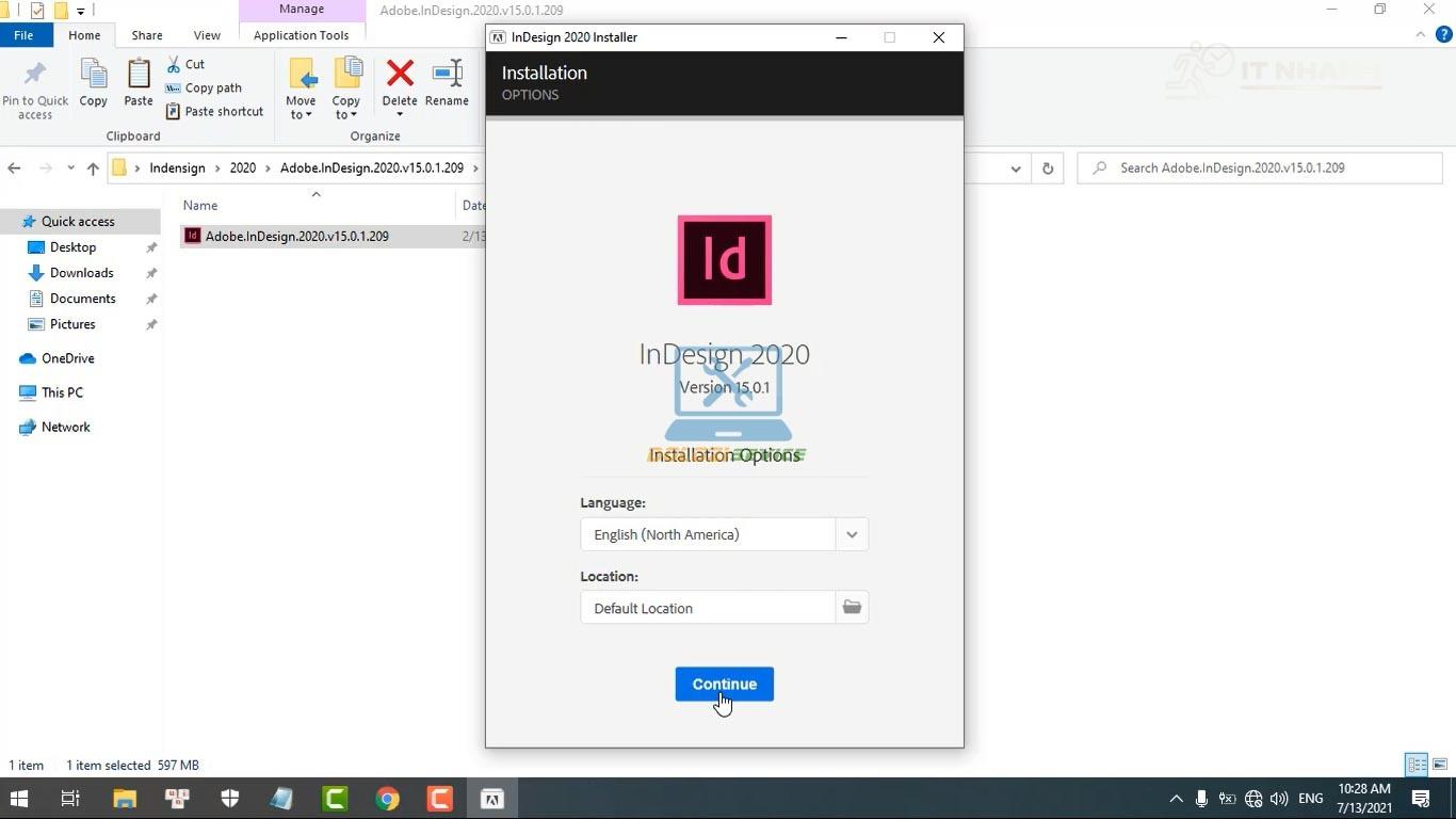 Chọn Continue để tiếp tục cài đặt InDesign 2020 Chọn Continue