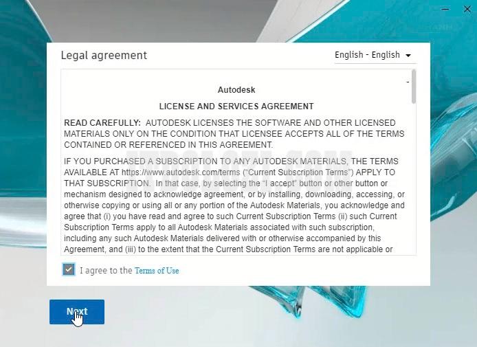 Tiếp theo ta chọn I agree to the Terms of Use sau đó nhấn Next Tiếp theo ta chọn I agree to the Terms of Use sau đó nhấn Next