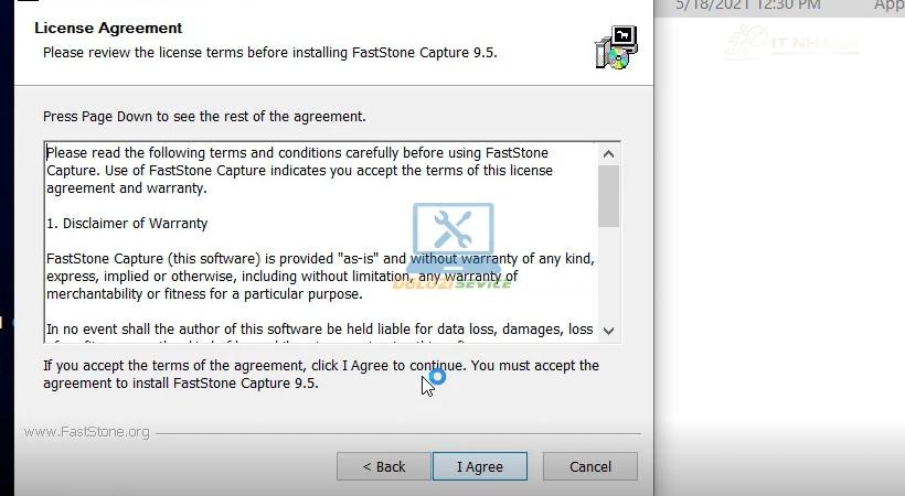 Nhấn I Agree để đồng ý với điều khoản cài đặt FastStone Capture 2021
