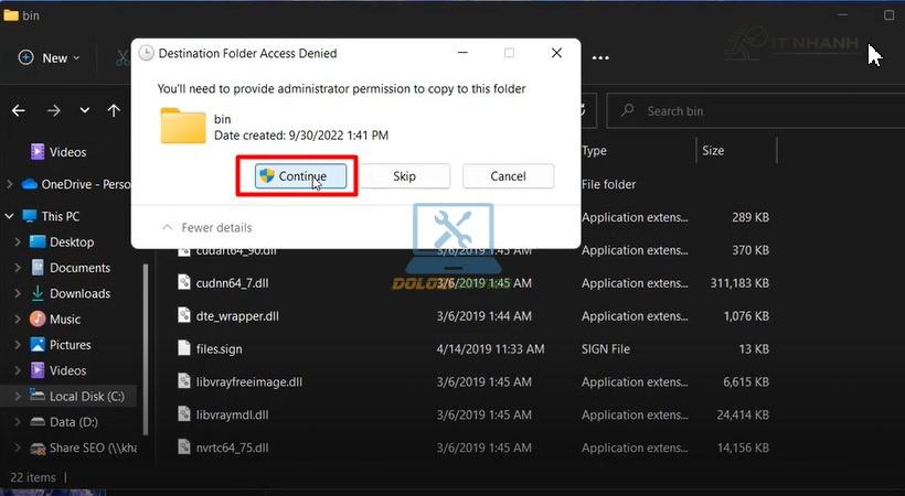 Xác nhận quyền quản trị Tiếp tục quá trình dán file