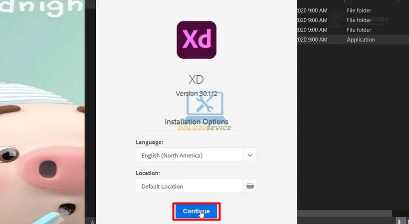 Chọn Continue cài Adobe XD 2019 Chọn Continue để tiếp tục cài đặt