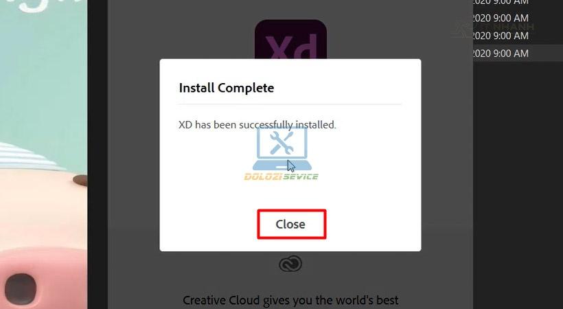 Kết thúc cài Adobe XD 2019 Nhấn Close để hoàn tất cài Adobe XD 2019