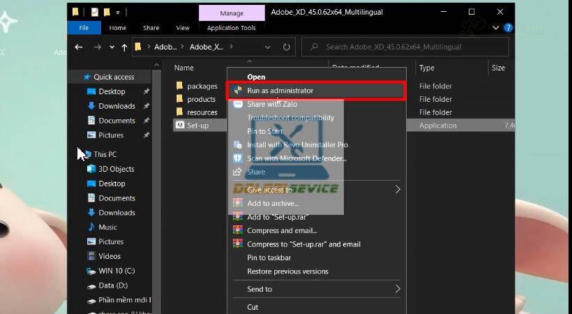Chạy file cài đặt với quyền Run as administrator Chạy quyền Run as administrator Adobe XD 2021