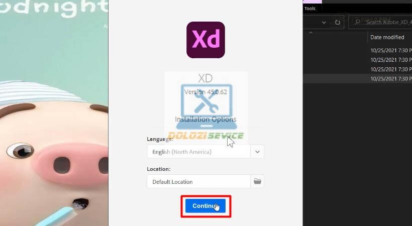 Chọn Continue để tiếp tục Chọn Continue Adobe XD 2021