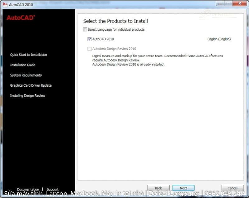 Tích vào Autocad 2010, sau đó bấm Next Install Products