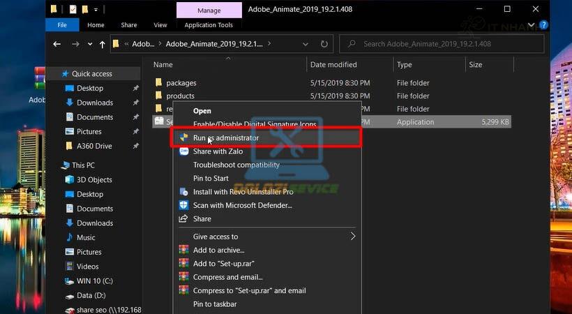 Chạy file cài đặt Animate 2019 Chạy file cài đặt Animate 2019 với quyền admin