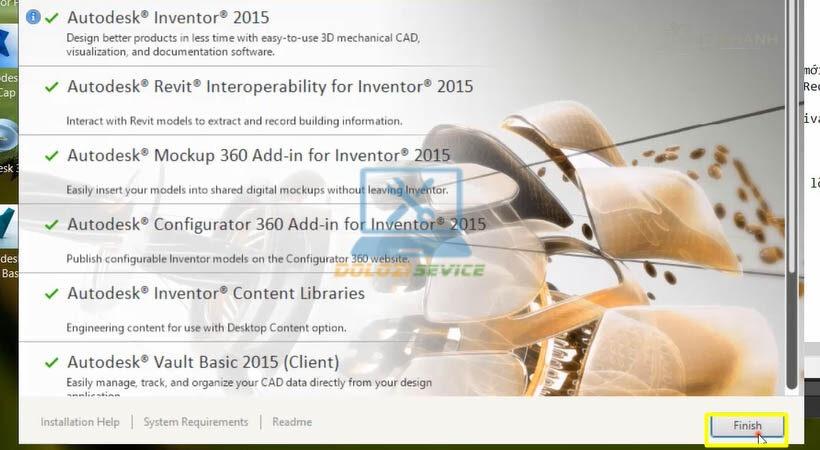Chọn Finish sau khi cài đặt thành công Inventor 2015 Chọn Finish sau khi cài đặt thành công Inventor 2015