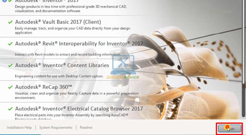 Nhấn Finish hoàn thành cài Inventor 2017