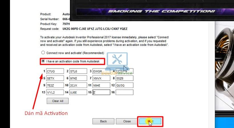 Dán mã kích hoạt Inventor 2017 và nhấn Next