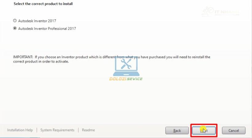 Chọn như hình và nhấn Next khi cài Inventor 2017