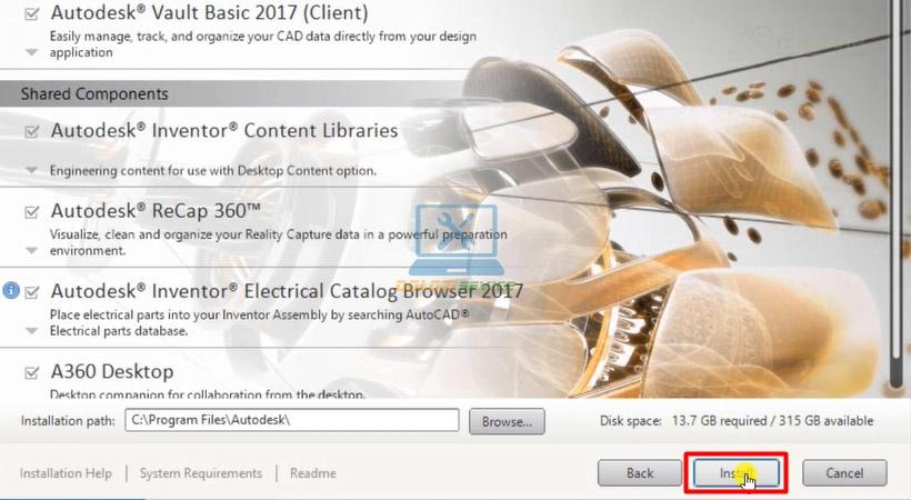 Chọn Install để bắt đầu cài Inventor 2017