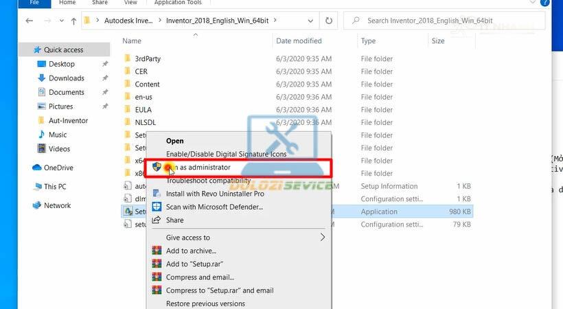 Chạy file cài đặt Inventor 2018 với quyền admin