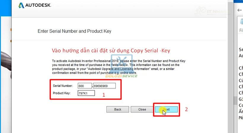 Dán Serial Number – Key và nhấn Next