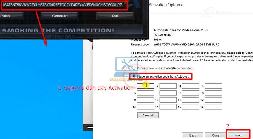 Dán mã Activation và nhấn Next