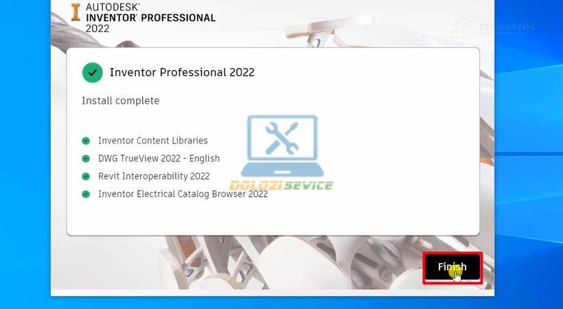Inventor 2022: Bước 8 - Chọn Finish Hoàn tất cài đặt Inventor 2022 bằng cách chọn Finish