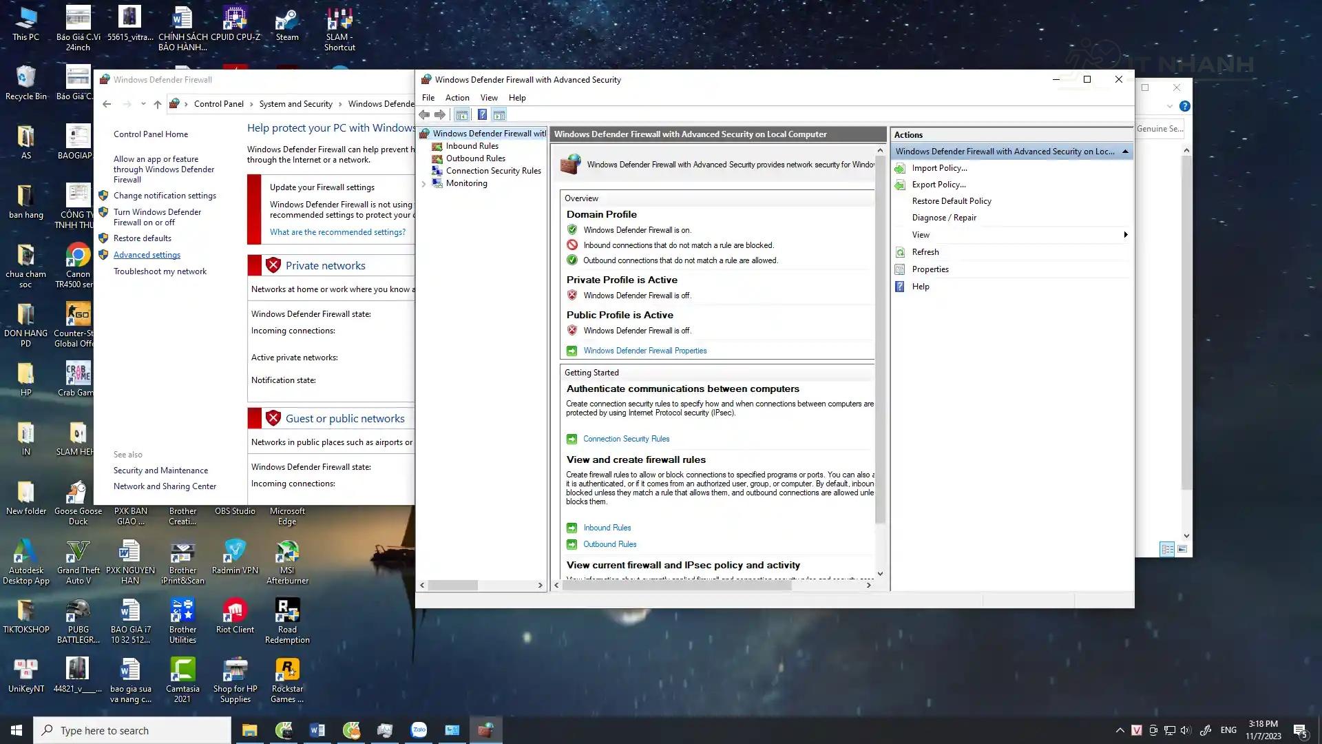 Mở Windows Defender Firewall để chặn kết nối AutoCAD